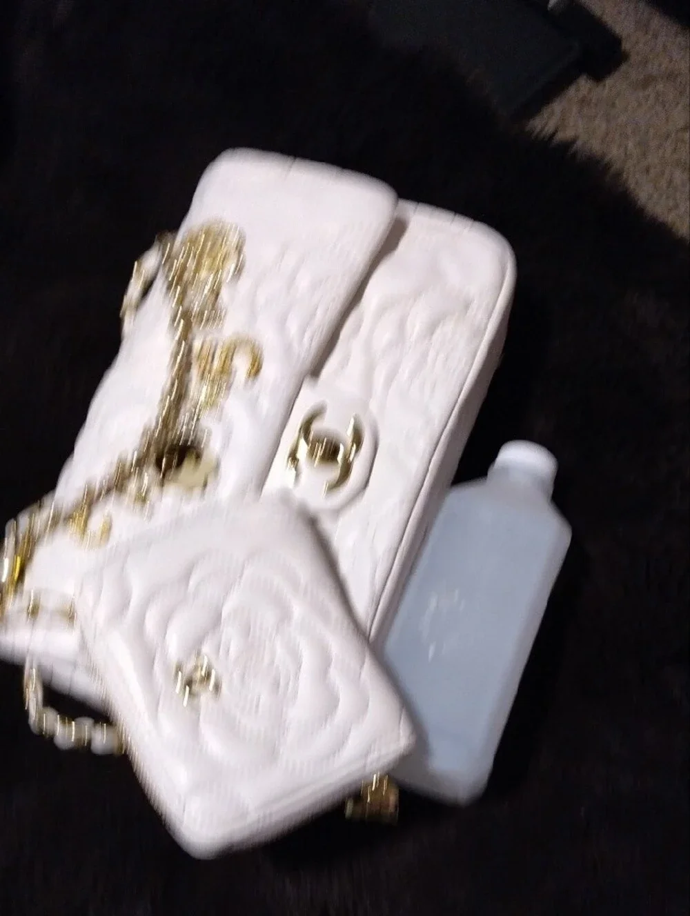 CHANEL White Quilted Camellia Charm Shoulder Bag with Gold Accents